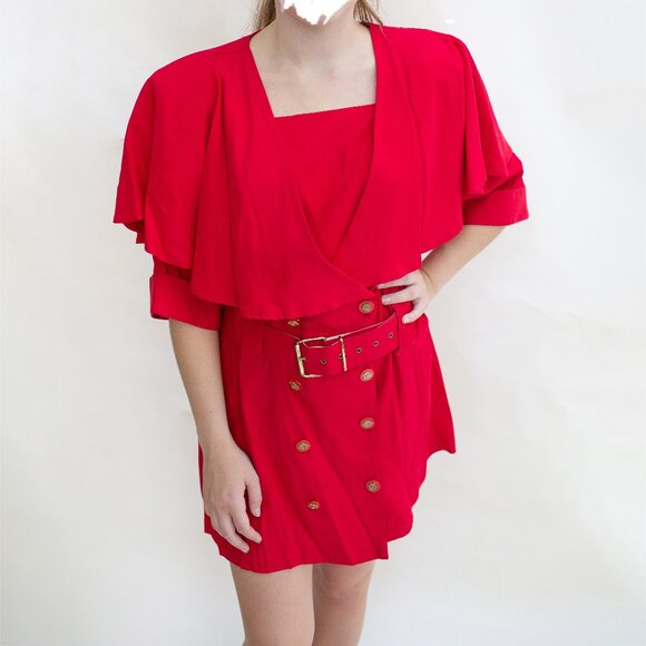 Vintage 80s Super Mini Coat Dress Double Breasted Ruffle Cape Suit Jackson - Picture 1 of 11